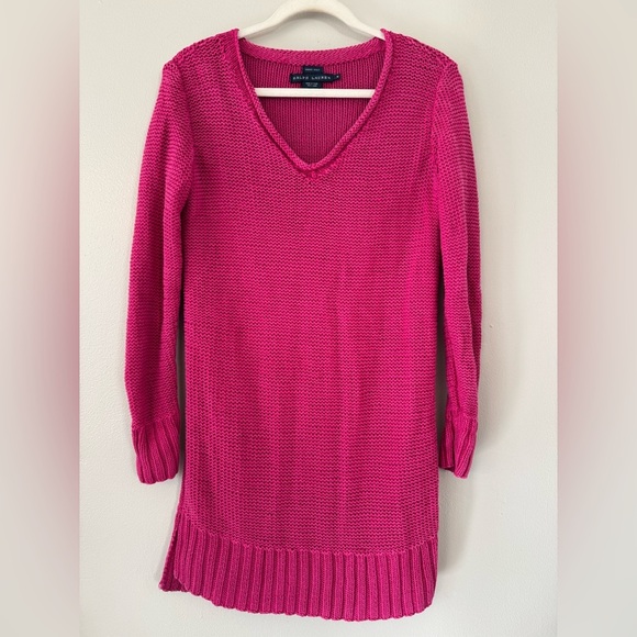 Ralph Lauren Dresses & Skirts - Ralph Lauren Women’s Hand Knit Linen V Neck Sweater Dress in Pink